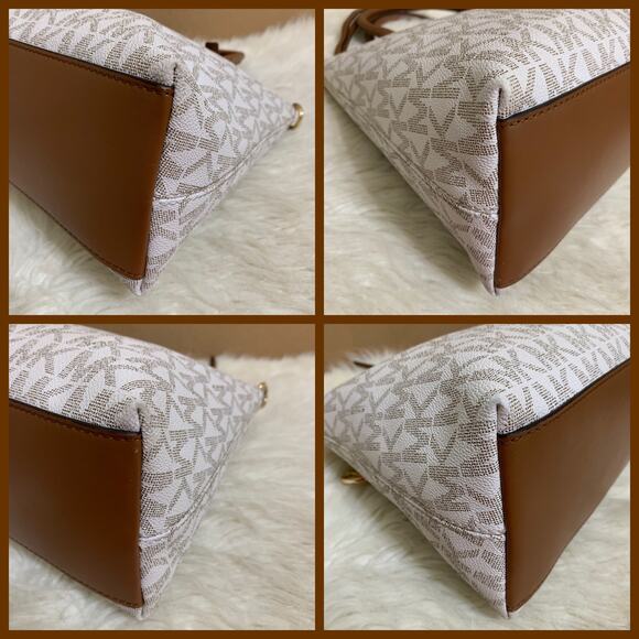 MICHAEL KORS AUSTEN Vanilla & Acorn Brown Leather Logo Satchel with XBody Strap - Picture 15 of 16